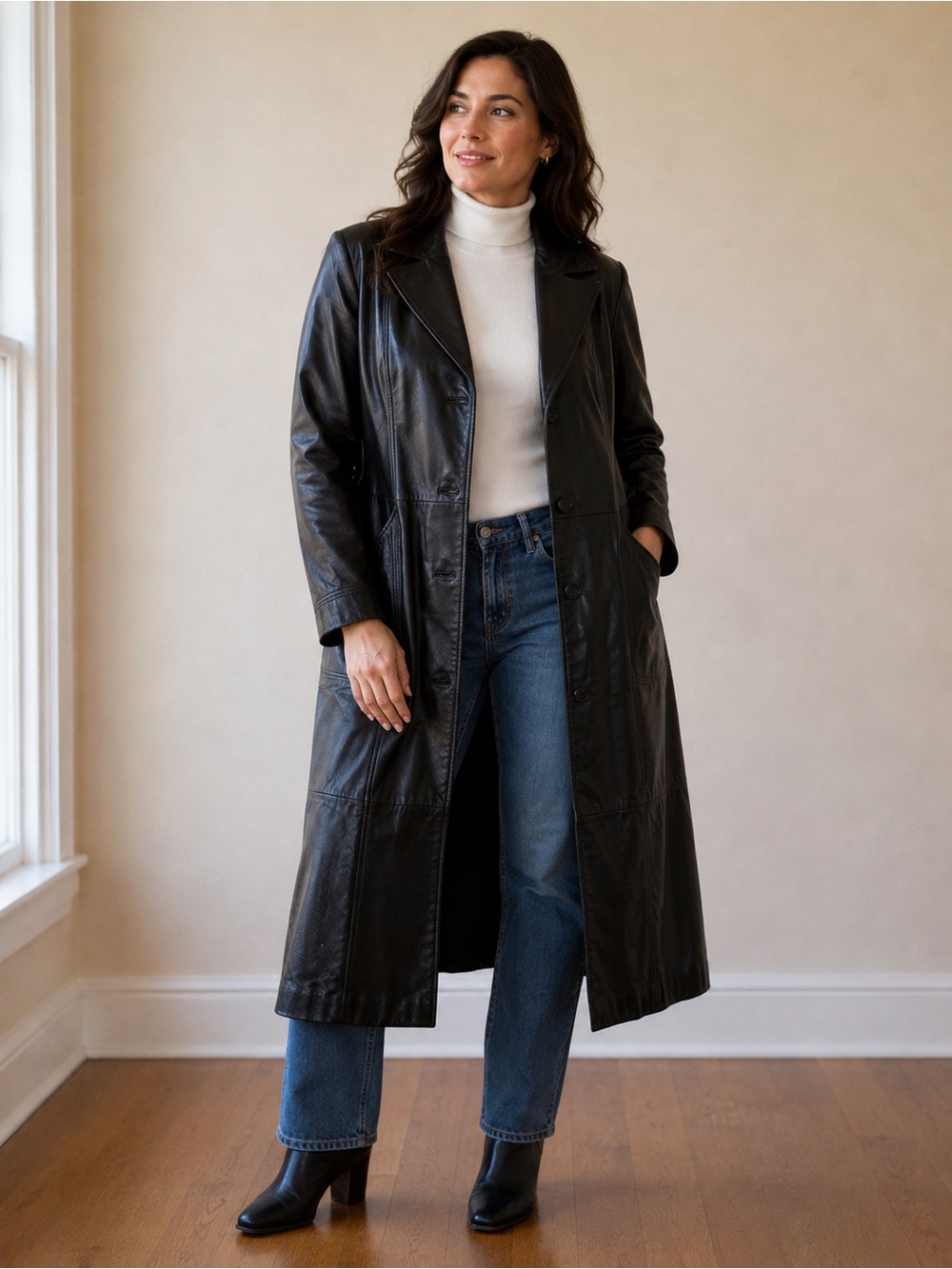 Vintage Pelle Studio by Wilson Black Long Leather Trench coat.
